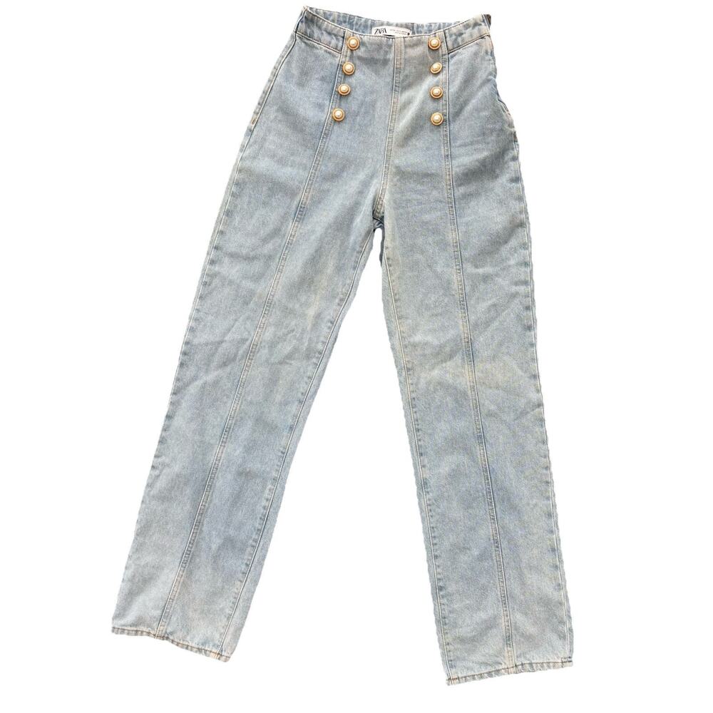 Zara Nautical High Waisted Light Wash Denim Trouser Pearl Buttons Sailor Size 2